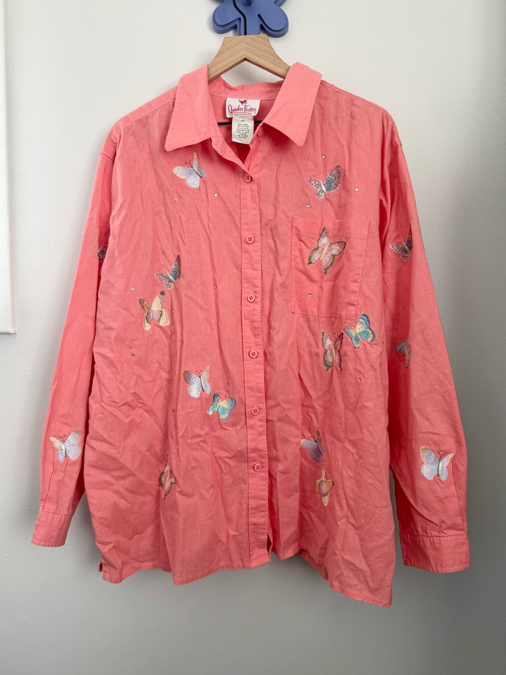 Quacker Factory 2X Linen Butterfly Embroidered Shirt Long Sleeve Pink Spring